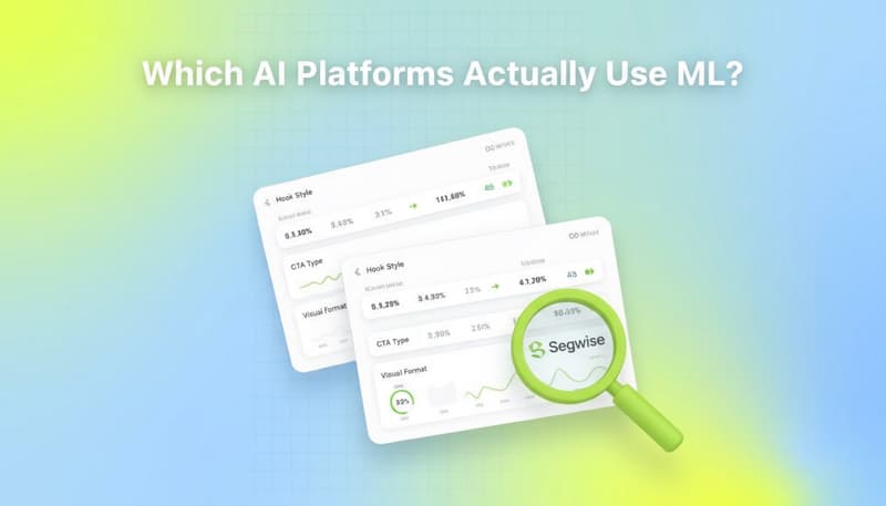 Segwise creative analytics dashboard with layered UI cards and magnifying glass - which AI ad platforms actually use ML?
