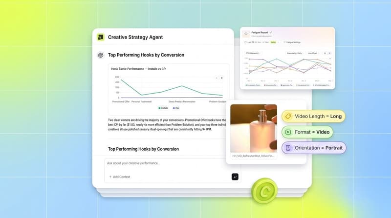 Segwise Creative Strategy Agent chat interface with creative tags and fatigue report