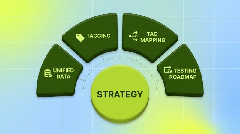 Four inputs of a data-backed creative strategy shown as petals around a central hub: unified data, tagging, tag-to-metric map, testing roadmap