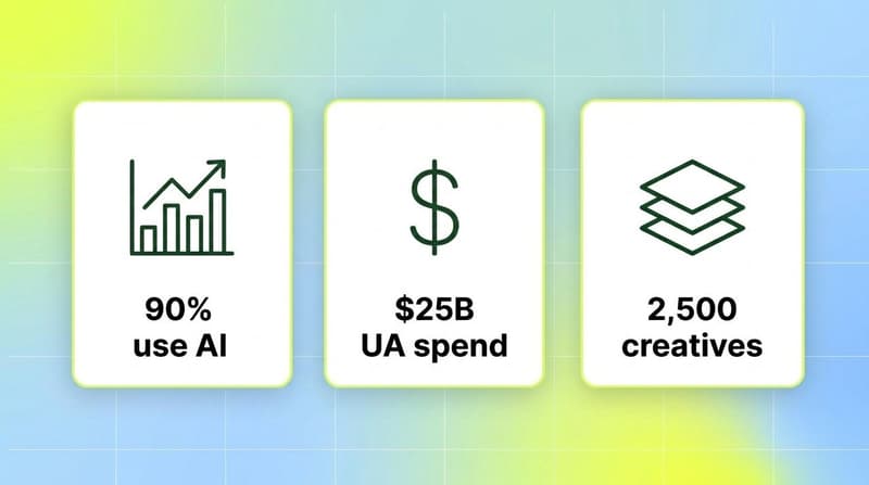 Stat cards showing 90% of developers using AI, $25B gaming UA spend, and 2,400 to 2,600 creatives per quarter