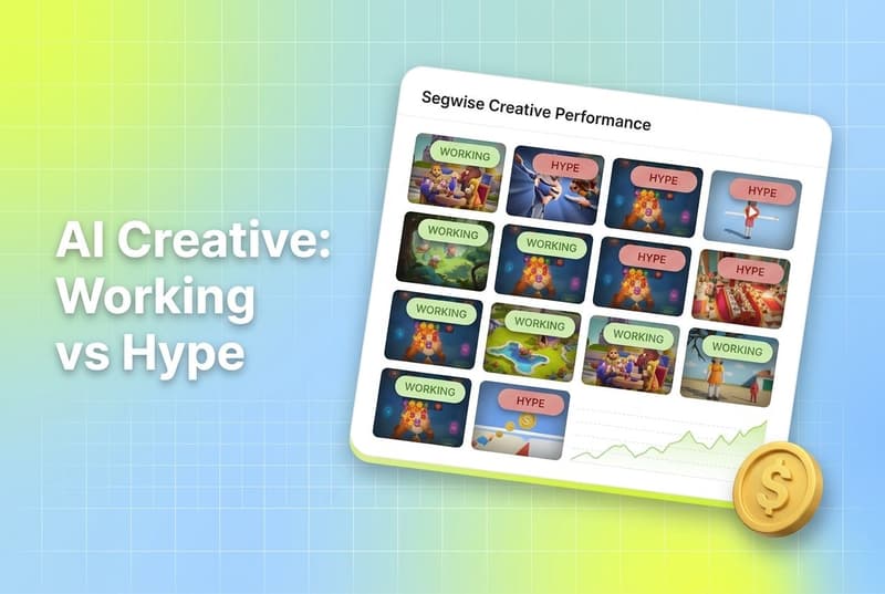Tilted Segwise dashboard card showing AI ad creatives tagged Working or Hype with golden coin floating beside it