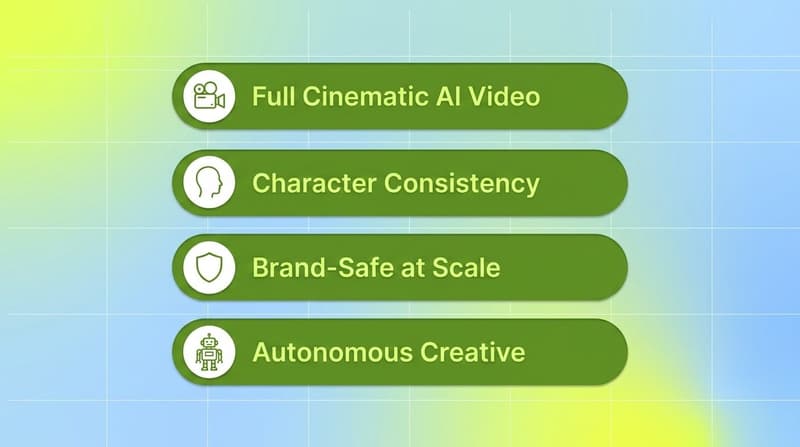 Vertical green pill list showing four AI creative workflows that still fail