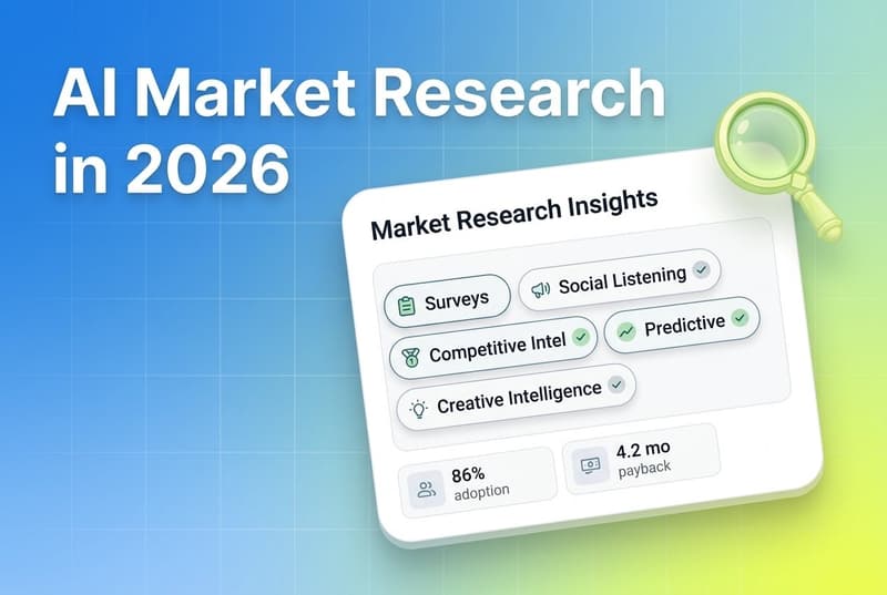 Tilted Segwise-style dashboard card showing five AI market research categories with a 3D magnifying glass accent