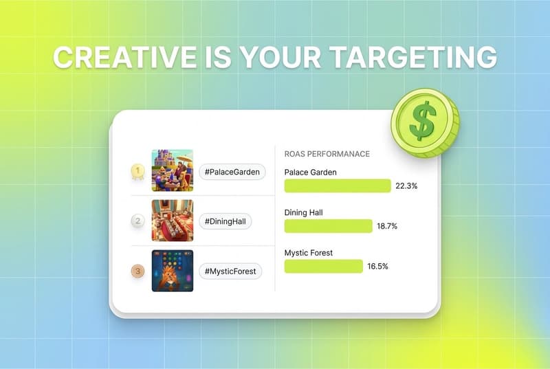 Creative analytics dashboard card with ROAS bar chart and dollar coin accent on gradient background