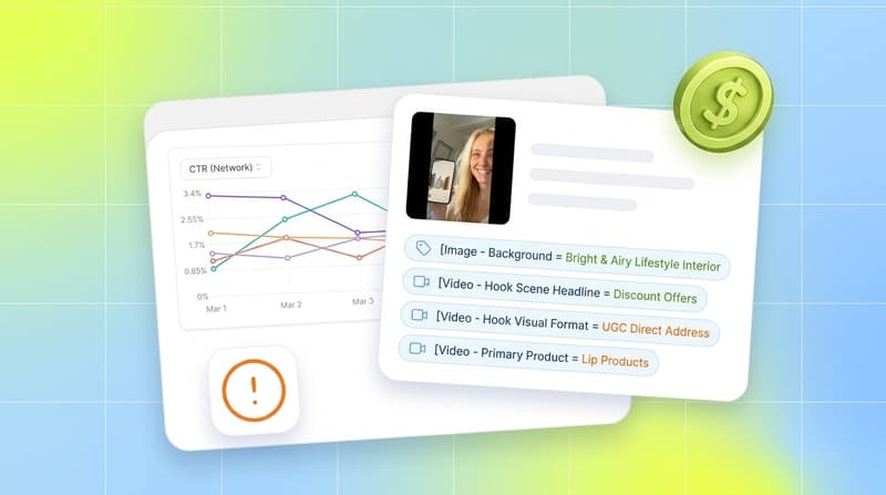 Segwise dashboard cards showing fatigue alert chart and creative thumbnail with performance tag chips