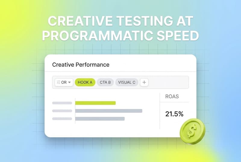 Segwise creative analytics dashboard card with ROAS coin and headline about programmatic-speed creative testing