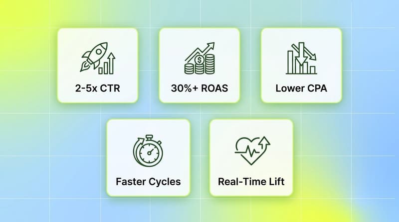 Five feature cards showing AI creative testing outcomes including higher CTR, ROAS lift, lower CPA, faster cycles, and real-time learning