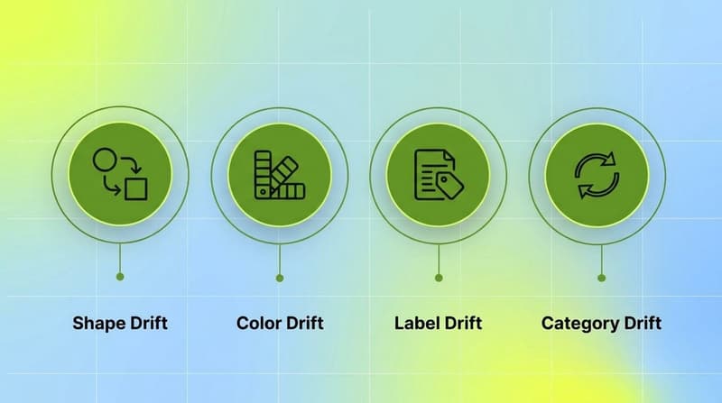 Four product drift types shown as connected circles: shape, color, label, and category drift
