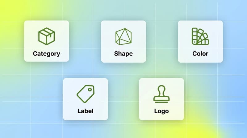 Five product-consistency attributes as cards: category, shape, color, label, and logo