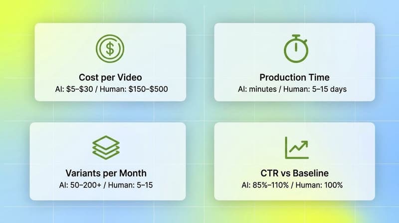 Four white cards in a 2 by 2 grid comparing AI UGC and Human UGC on cost, production time, variants per month, and CTR