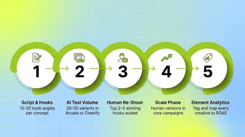 Five-step numbered ring process showing the hybrid AI plus human UGC workflow: scripts, AI test, human re-shoot, scale, and analytics