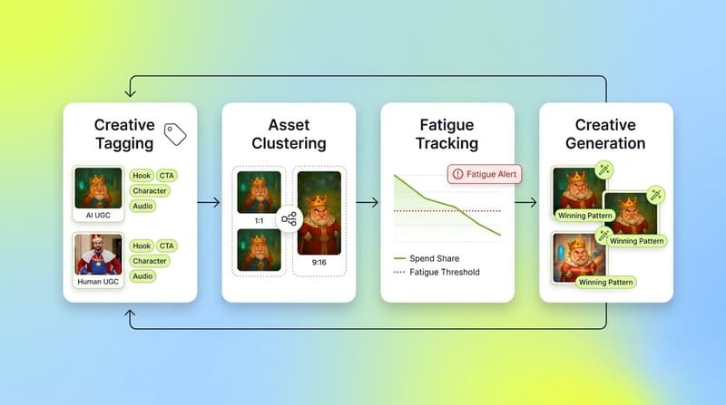 Four white cards in a row showing Segwise creative tagging, asset clustering, fatigue tracking, and AI creative generation forming a closed loop