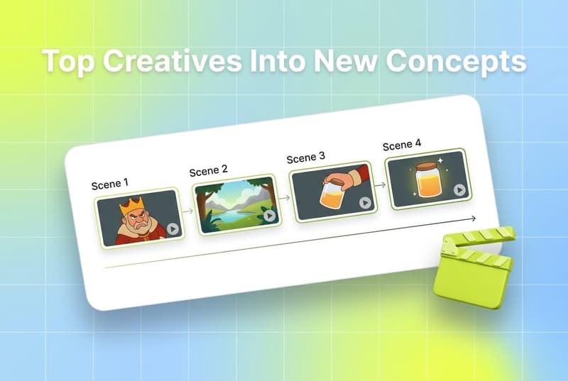 AI video ad storyboard concept showing scene-by-scene creative cards generated from top performers