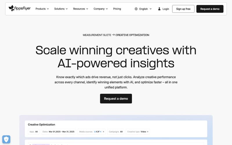 AppsFlyer Creative Optimization page showing AI-powered creative insights across every channel