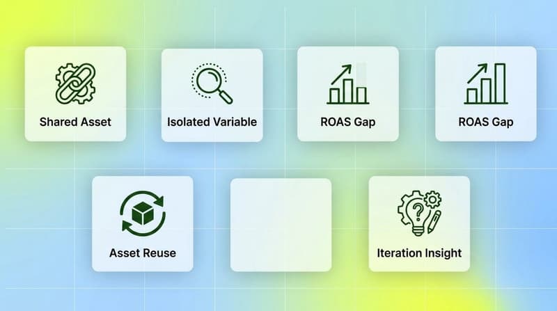 Side by side comparison of standard A/B testing versus asset clustering for isolating the ROAS driver