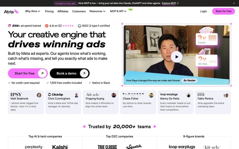 Atria homepage for shipping winning Meta ads