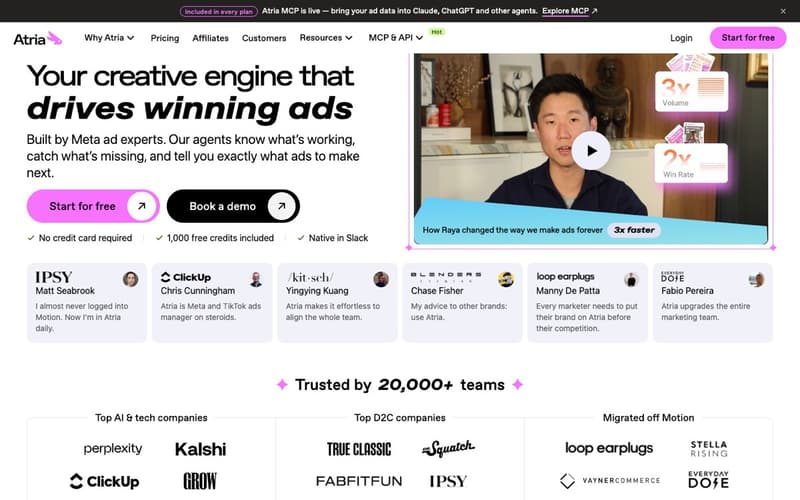 Atria homepage showing its creative engine with agents that flag what is working in Meta ads and what to make next