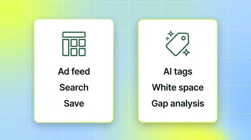 Side by side comparison of an ad spy database feed versus AI competitor creative analysis