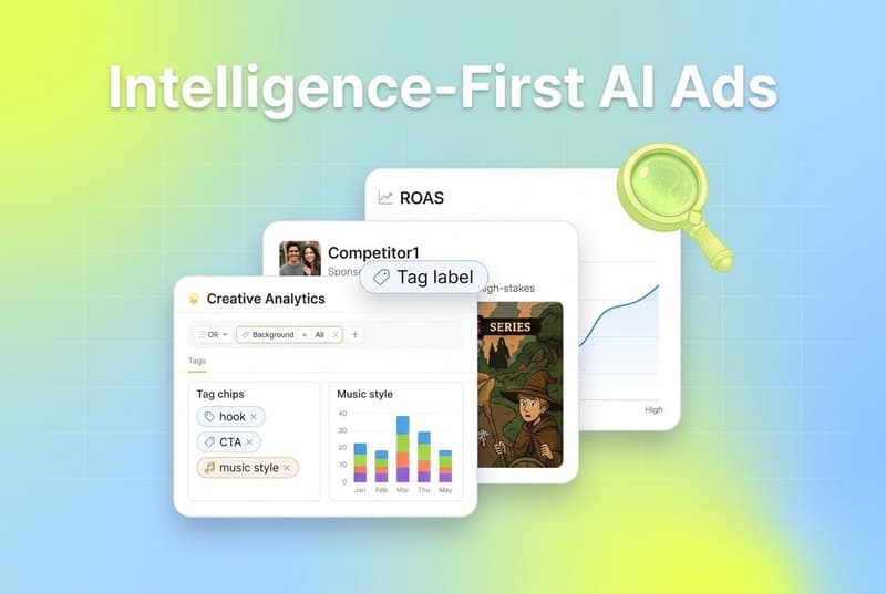 Layered cards showing Segwise creative analytics, competitor tracking, and ROAS chart with a magnifying glass accent