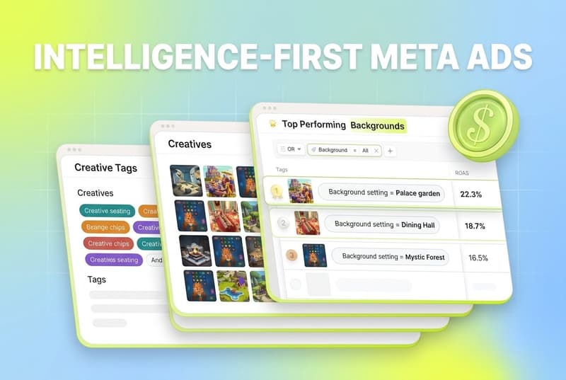 Layered card stack of Segwise creative leaderboard, generation grid, and tags with dollar coin accent