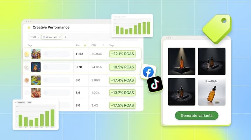 Segwise creative analytics leaderboard and creative generation grid with Meta and TikTok platform badges