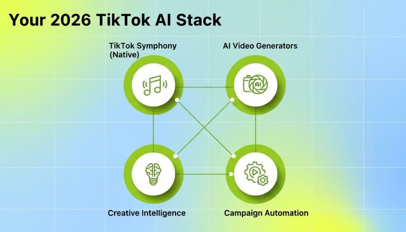 Your 2026 TikTok AI Stack: four categories including TikTok Symphony, AI Video Generators, Creative Intelligence, and Campaign Automation