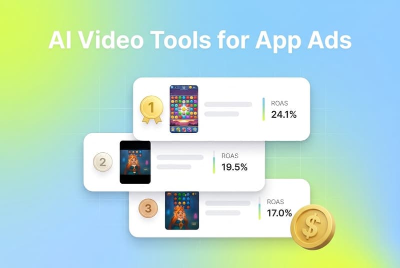 Leaderboard of ranked mobile game ad creatives with ROAS scores and a 3D dollar coin, titled AI Video Tools for App Ads