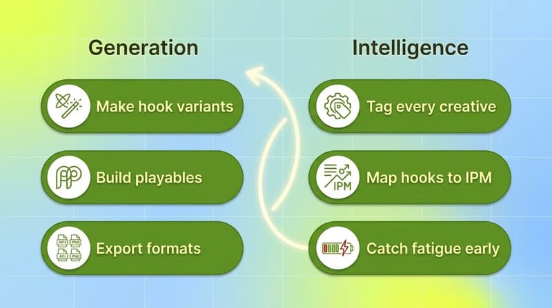 Green pills comparing generation tasks to creative intelligence tasks, with a feedback loop arrow from measurement back to generation