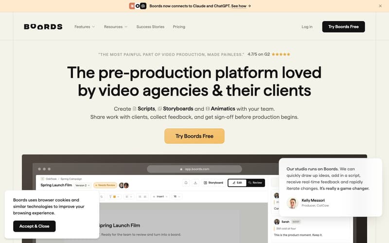 Boords homepage with the pre-production platform loved by video agencies and their clients headline