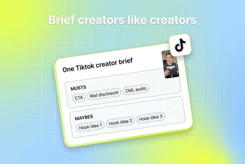 One-page TikTok creator brief on a tilted Segwise UI card with a TikTok platform badge, showing a Must vs Maybe split.