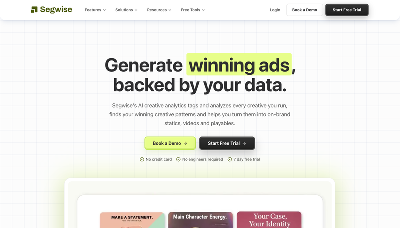 The Segwise homepage in September 2026, showing AI creative analytics and generation