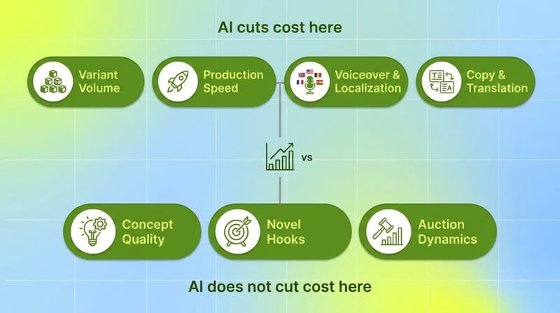 Two rows of green pills comparing where AI cuts ad production cost versus where it does not