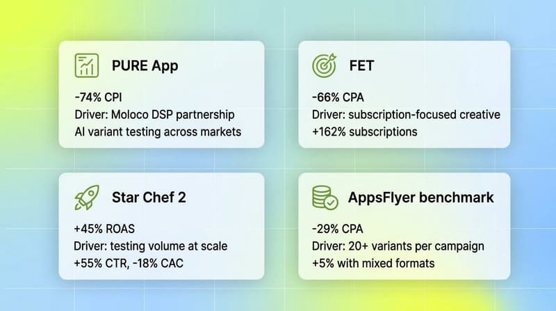 Four white cards summarizing PURE, FET, Star Chef 2, and AppsFlyer case study results with their underlying drivers