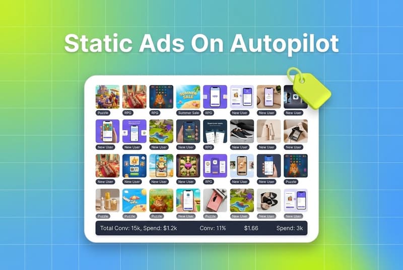 Tilted Segwise dashboard card showing generated static ad thumbnails with tag chips and a price-tag accent