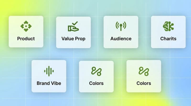 Five white cards labeled product, value prop, audience, brand vibe, colors for a brand brief
