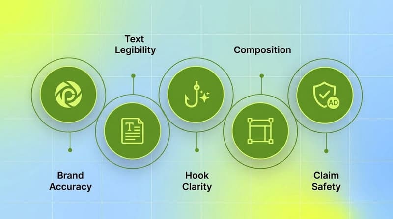 Cluster of five scoring criteria: brand accuracy, text legibility, hook clarity, composition, claim safety