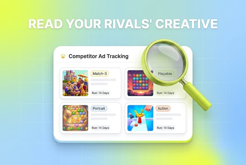 Magnifying glass examining a fan of competitor ad creatives in a tracking dashboard