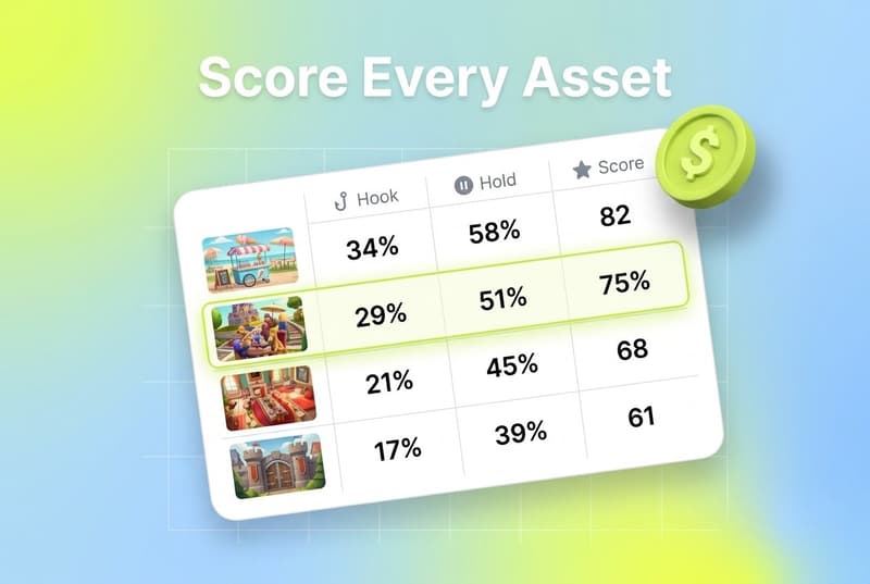 Bold white headline "Score Every Asset" above a tilted Segwise creative scoring dashboard card with a 3D dollar coin accent.