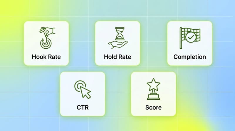 Feature grid showing the five 2026 creative scoring benchmarks: hook rate, hold rate, completion, CTR, and weighted score.