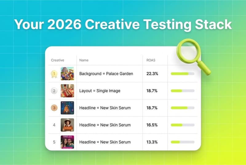 Segwise creative testing dashboard card with magnifying glass 3D accent and white headline