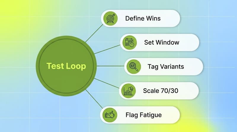 Green hub labeled Test Loop connected to five pill steps for running creative experimentation