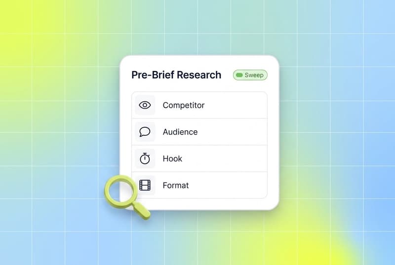 Flat UI card showing a creative research dashboard with competitor, audience, hook, and format inputs and a magnifying glass accent