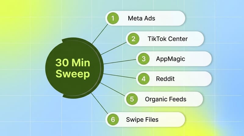 A 30-minute pre-brief sweep across six sources: Meta Ads Library, TikTok Creative Center, AppMagic or Sensor Tower, Reddit, organic feeds, swipe file tools