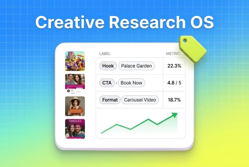 Segwise creative research OS dashboard card with tagged Meta ad creatives