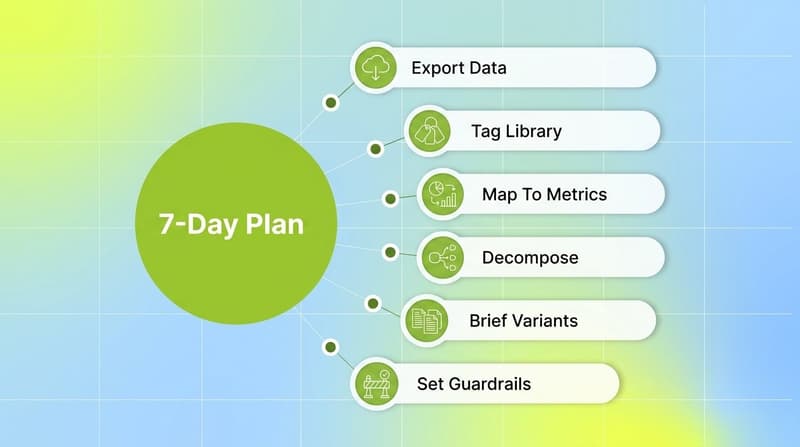 Seven-day plan hub with six steps from exporting data to setting guardrails for creative tagging
