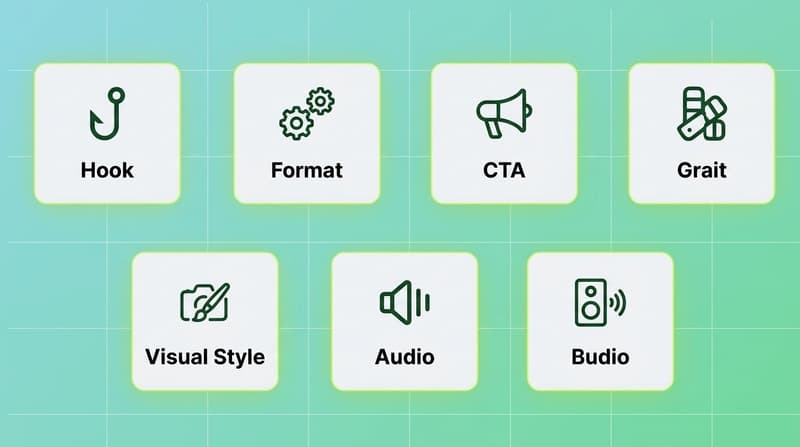 Creative tag taxonomy organized into category circles for hook, format, CTA, visual, audio and messaging