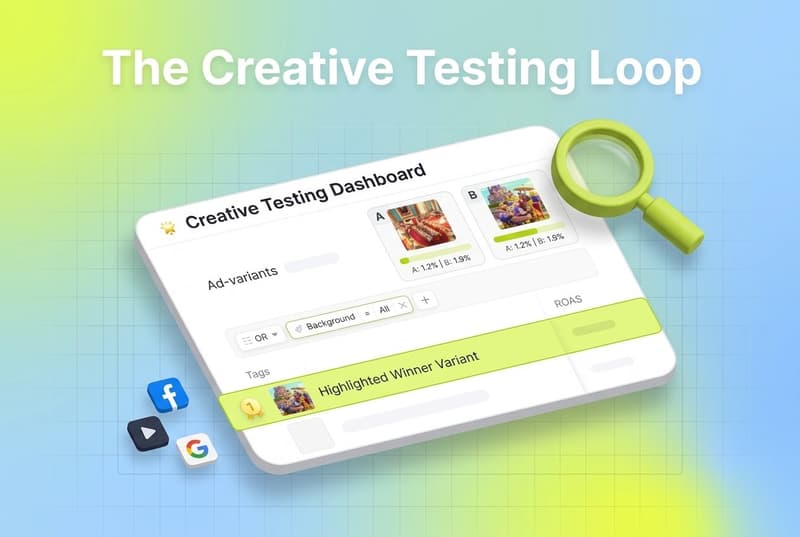 Creative testing dashboard comparing ad variants across Meta, TikTok, and Google