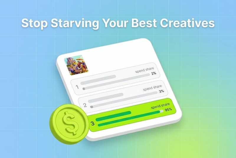 Creative tracking card with one winning green row and two starved zero-spend rows beside a 3D dollar coin