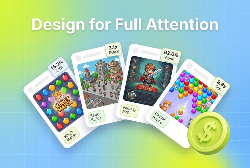 Fanned AppLovin creative cards with performance stats and the headline Design for Full Attention