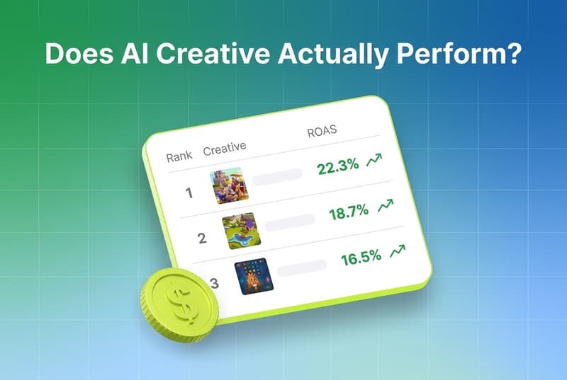Segwise blog cover showing a creative performance results card with ROAS figures and a dollar coin, headline Does AI Creative Actually Perform